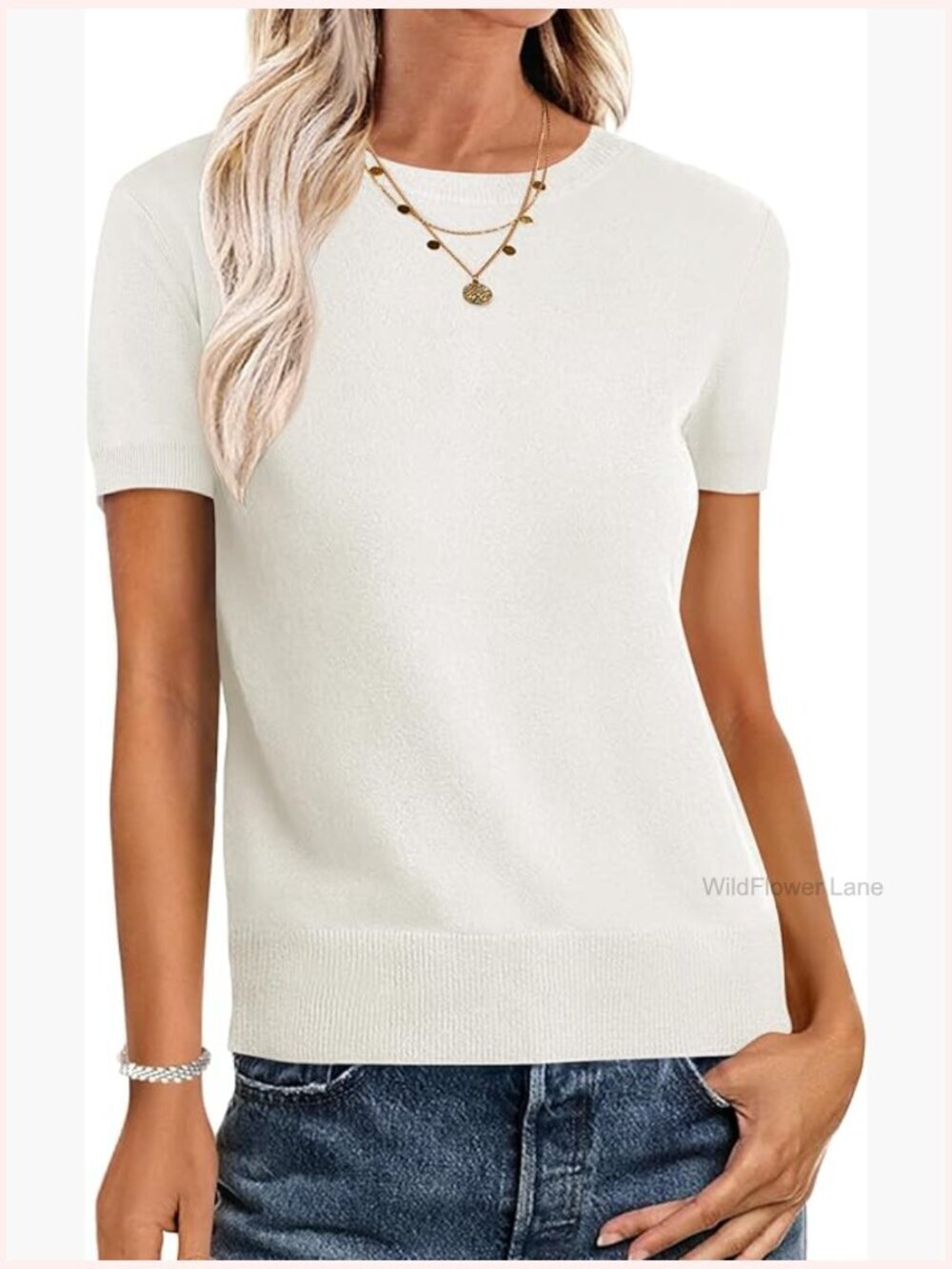 Wool Blend Short Sleeve Sweater Crew Neck Pullover